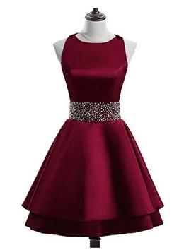 Picture of Cute Satin Knee Length Cross Back Beaded Party Dresses, Homecoming Dresses